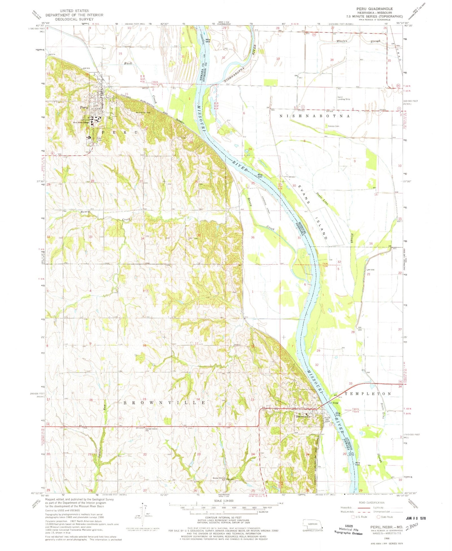 Classic USGS Peru Nebraska 7.5'x7.5' Topo Map Image