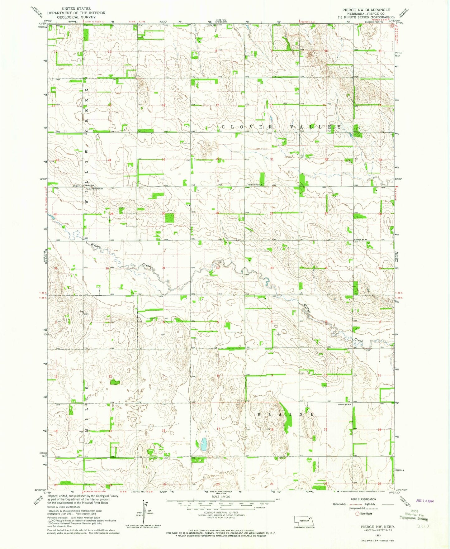 Classic USGS Pierce NW Nebraska 7.5'x7.5' Topo Map Image