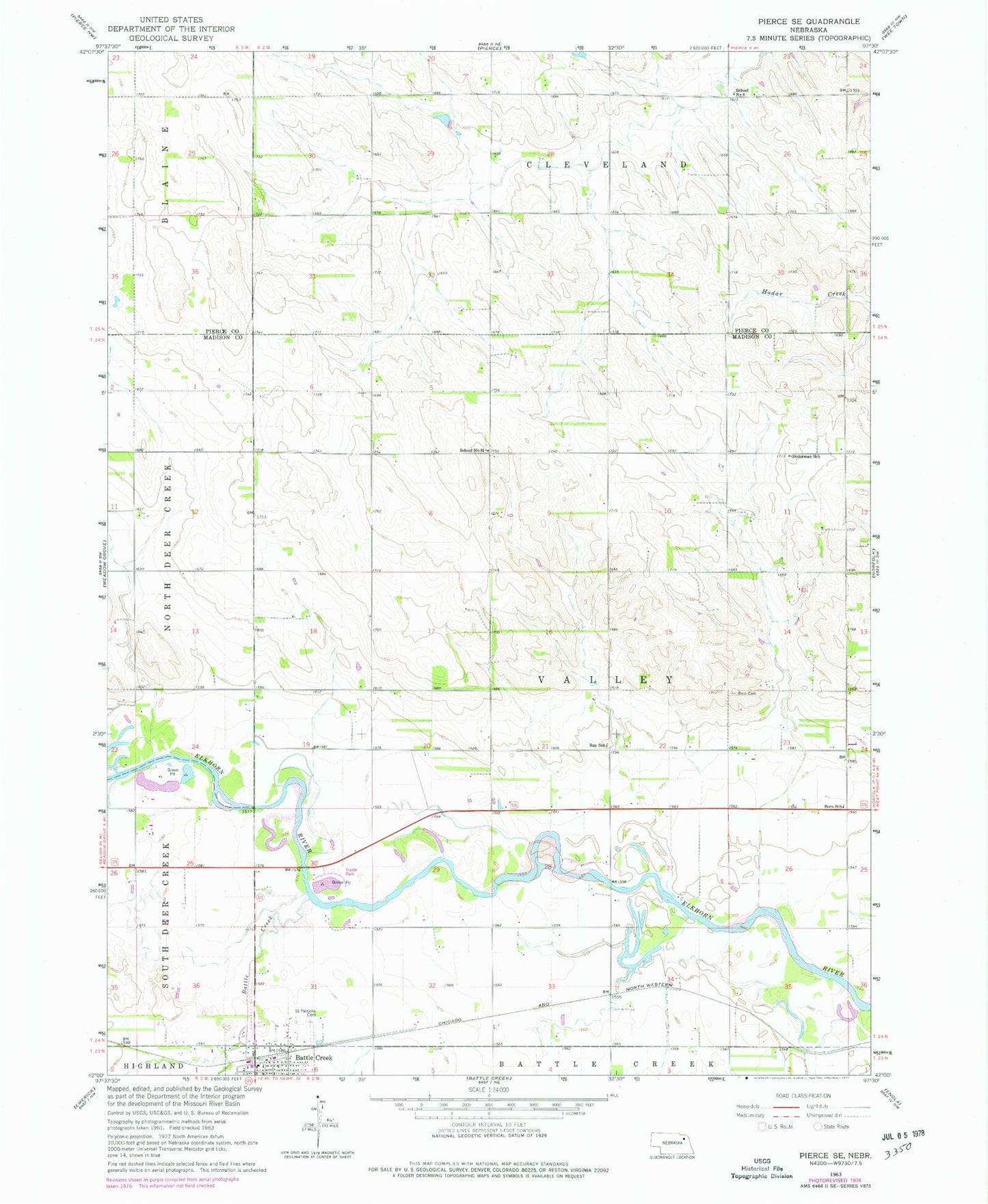 Classic USGS Pierce SE Nebraska 7.5'x7.5' Topo Map Image