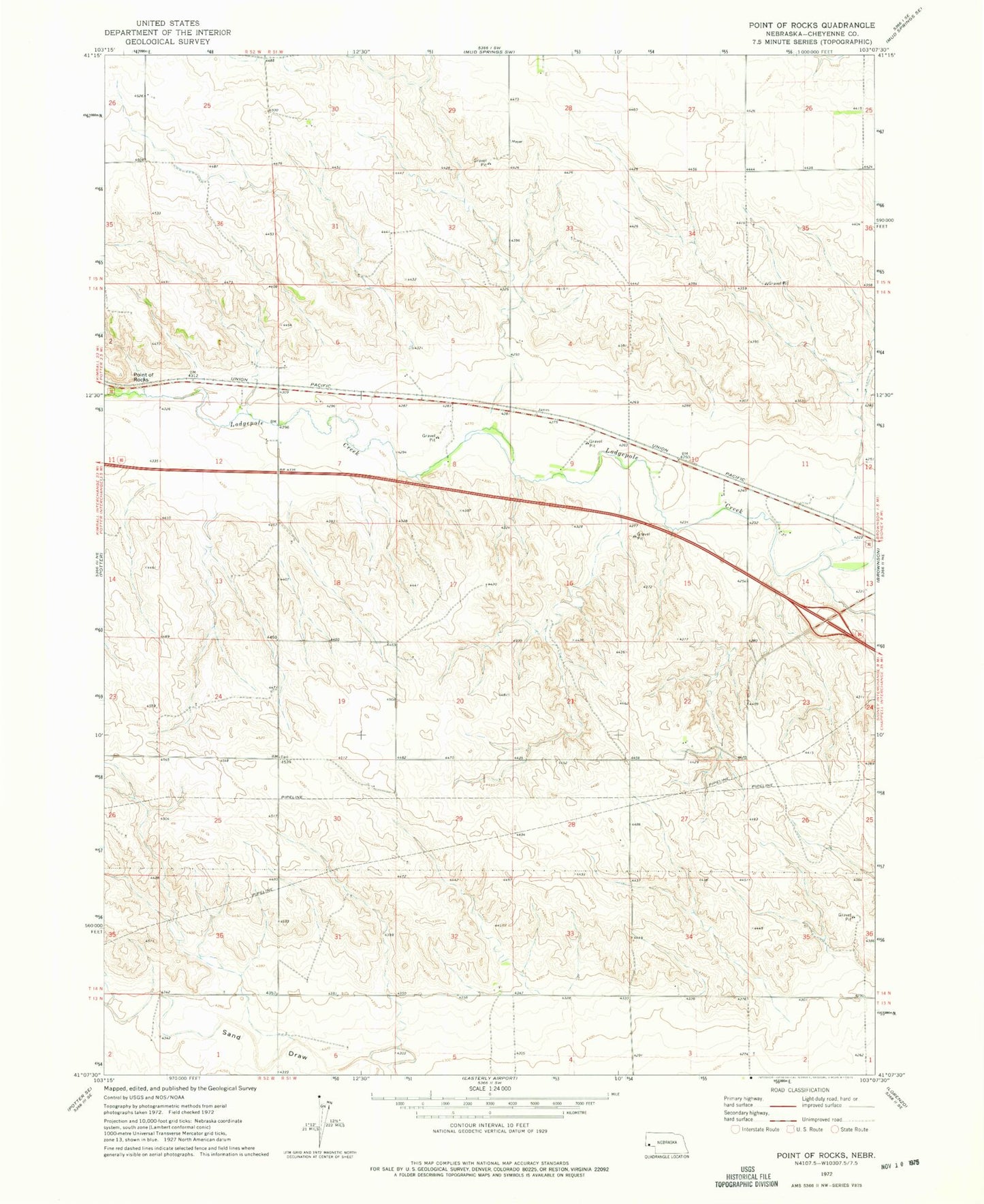 Classic USGS Point of Rocks Nebraska 7.5'x7.5' Topo Map Image