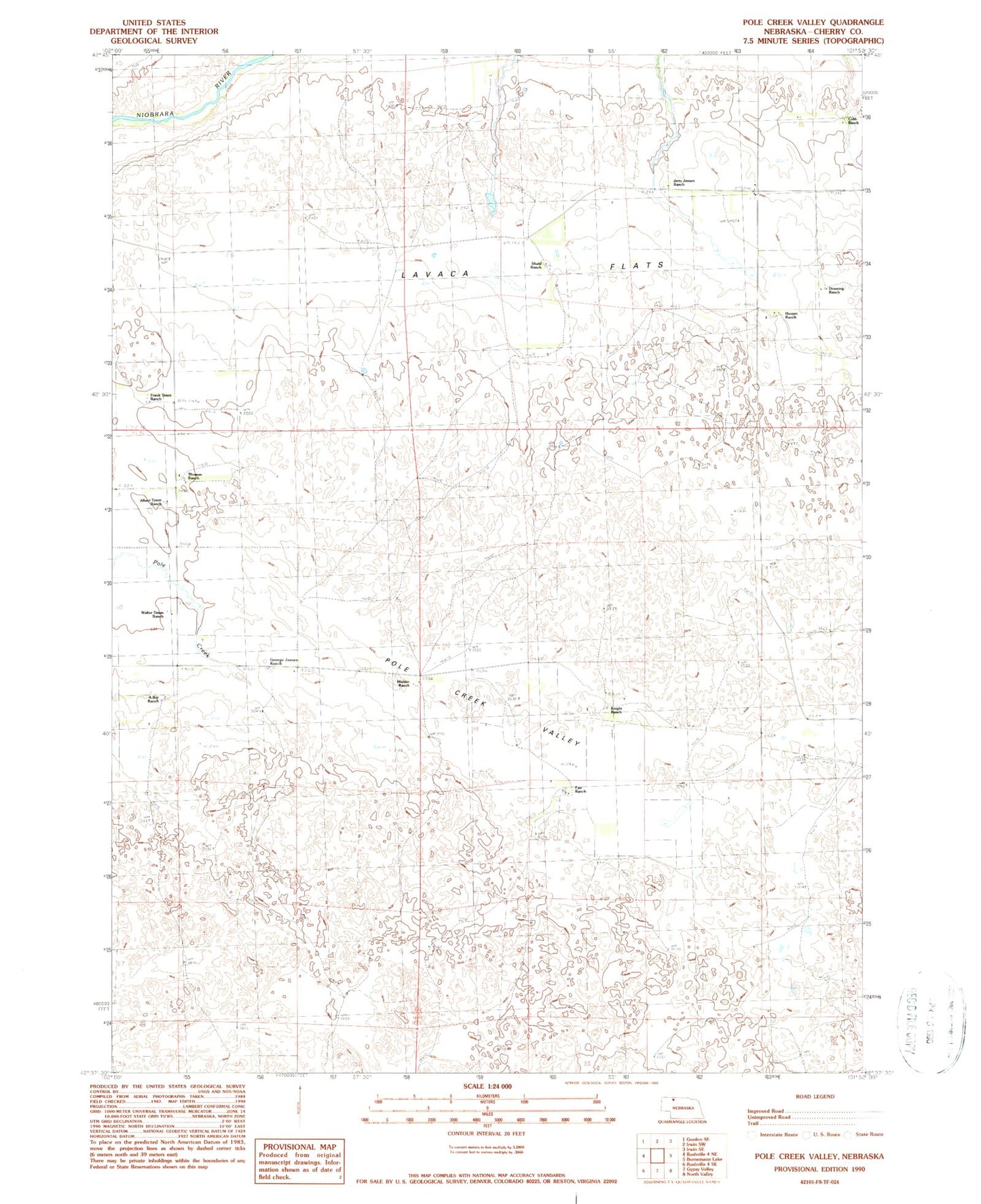 Classic USGS Pole Creek Valley Nebraska 7.5'x7.5' Topo Map Image