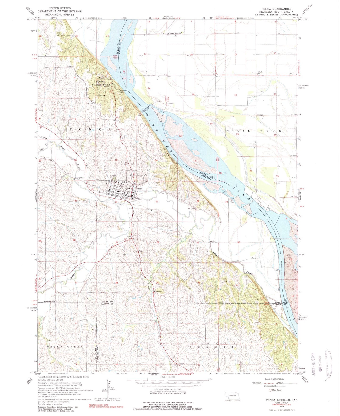 Classic USGS Ponca Nebraska 7.5'x7.5' Topo Map Image