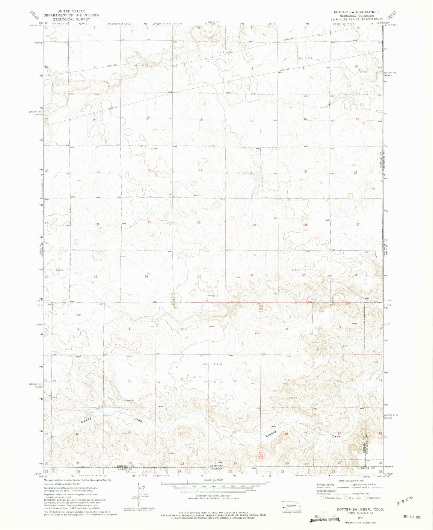 Classic USGS Potter SW Nebraska 7.5'x7.5' Topo Map Image