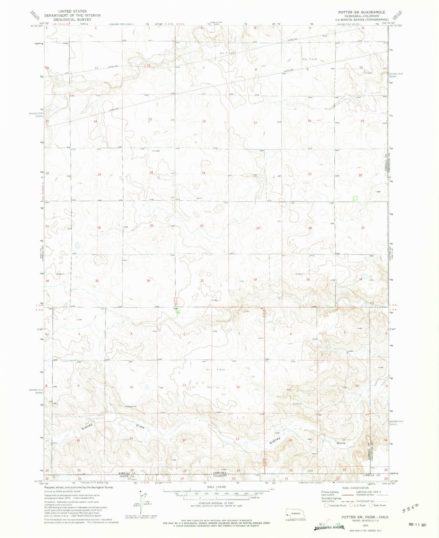 Classic USGS Potter SW Nebraska 7.5'x7.5' Topo Map Image