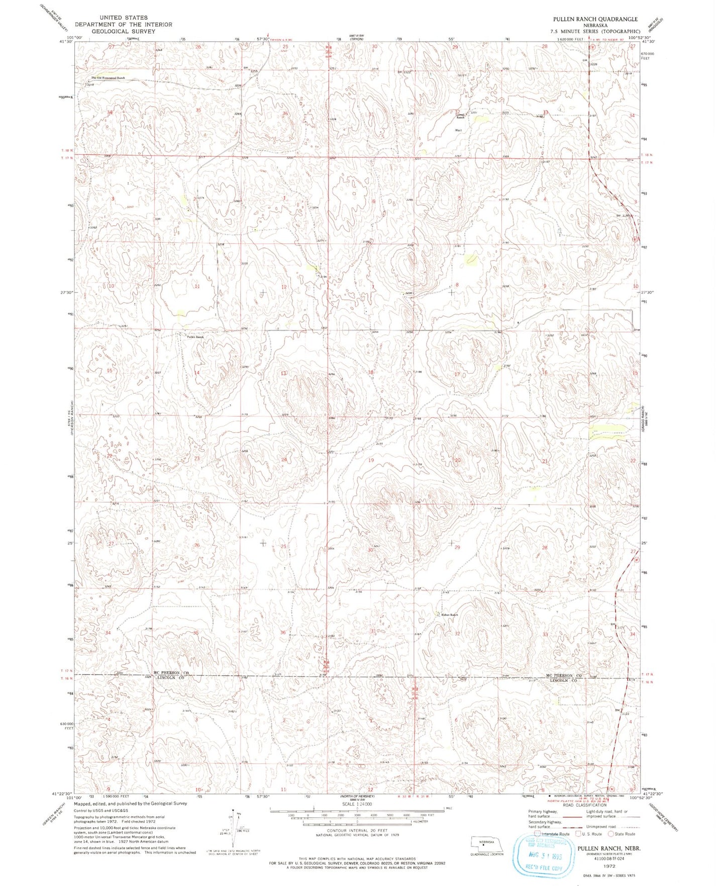 Classic USGS Pullen Ranch Nebraska 7.5'x7.5' Topo Map Image