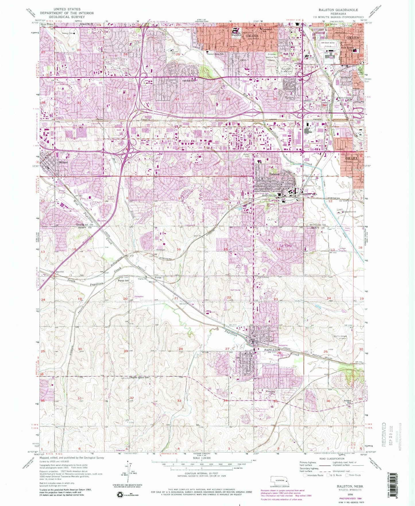 Classic USGS Ralston Nebraska 7.5'x7.5' Topo Map Image