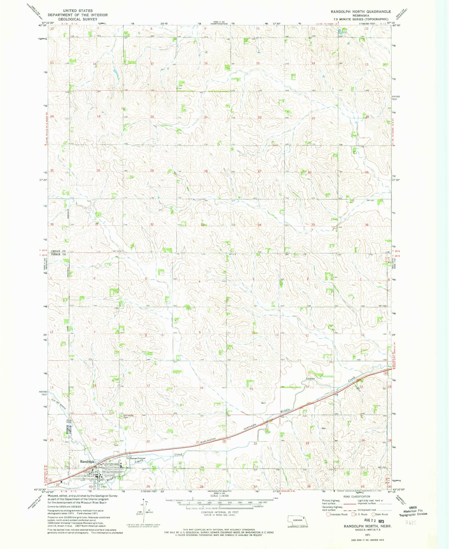 Classic USGS Randolph North Nebraska 7.5'x7.5' Topo Map Image
