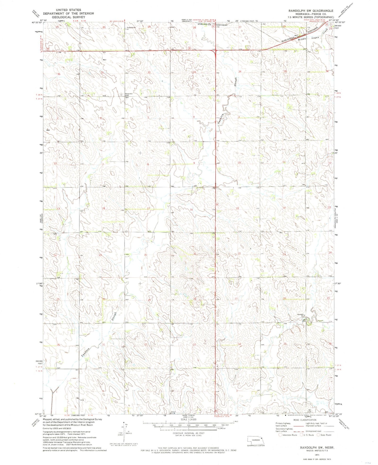 Classic USGS Randolph SW Nebraska 7.5'x7.5' Topo Map Image