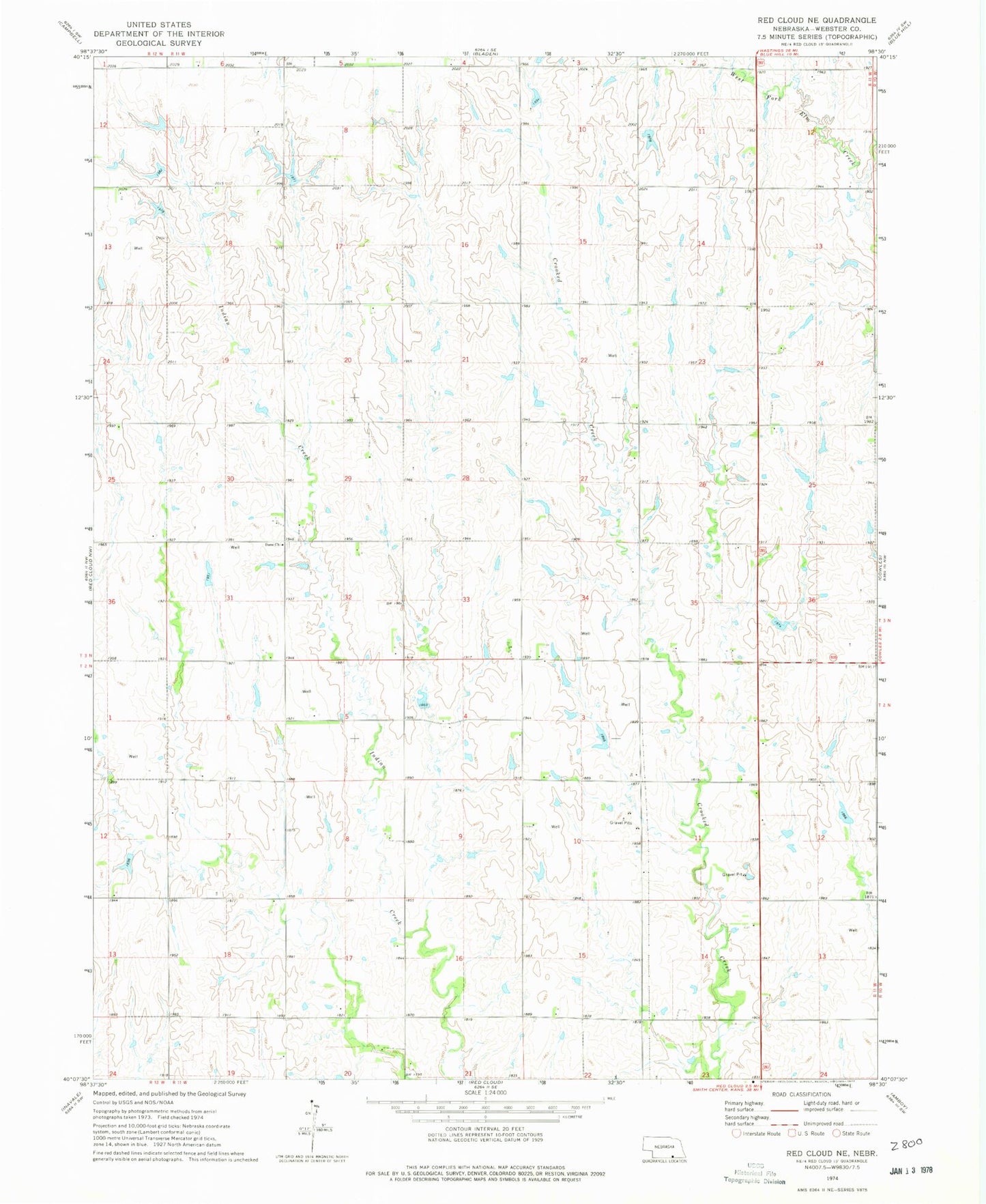Classic USGS Red Cloud NE Nebraska 7.5'x7.5' Topo Map Image