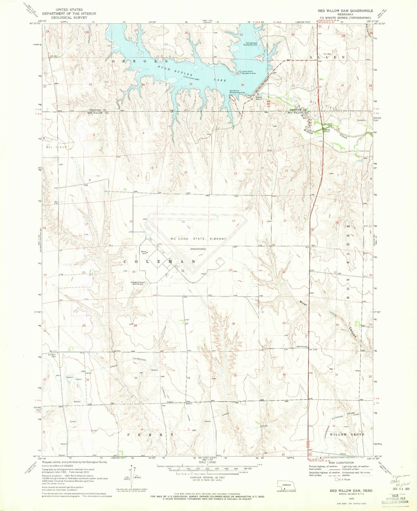 Classic USGS Red Willow Dam Nebraska 7.5'x7.5' Topo Map Image
