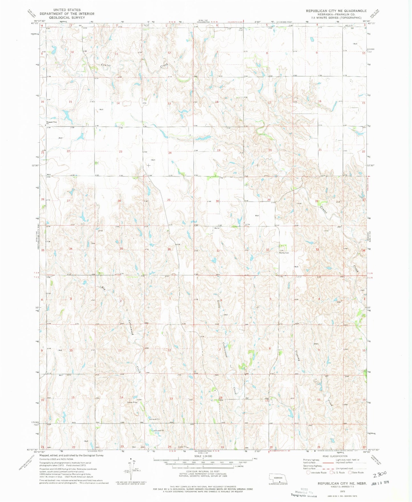 Classic USGS Republican City NE Nebraska 7.5'x7.5' Topo Map Image