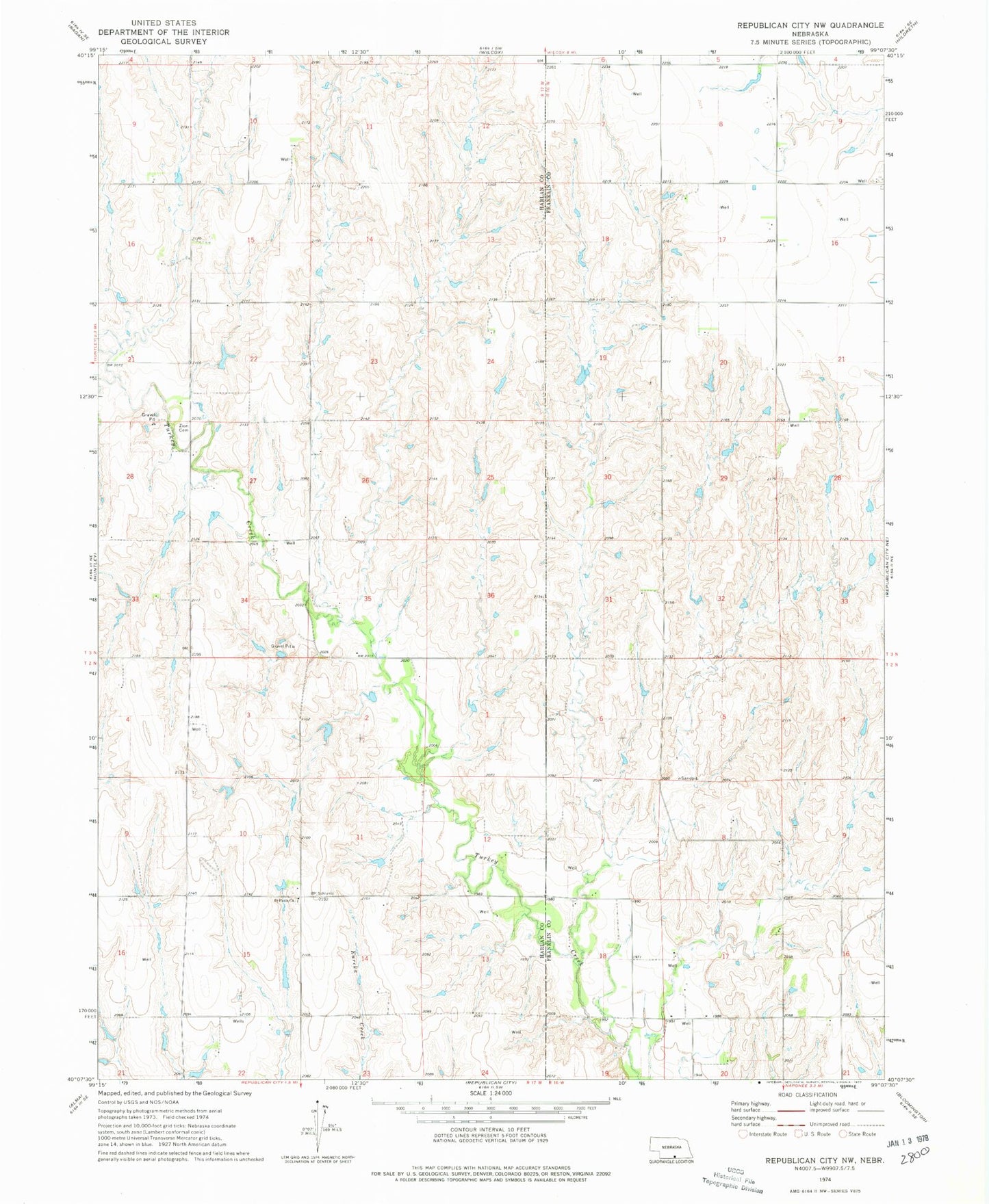 Classic USGS Republican City NW Nebraska 7.5'x7.5' Topo Map Image