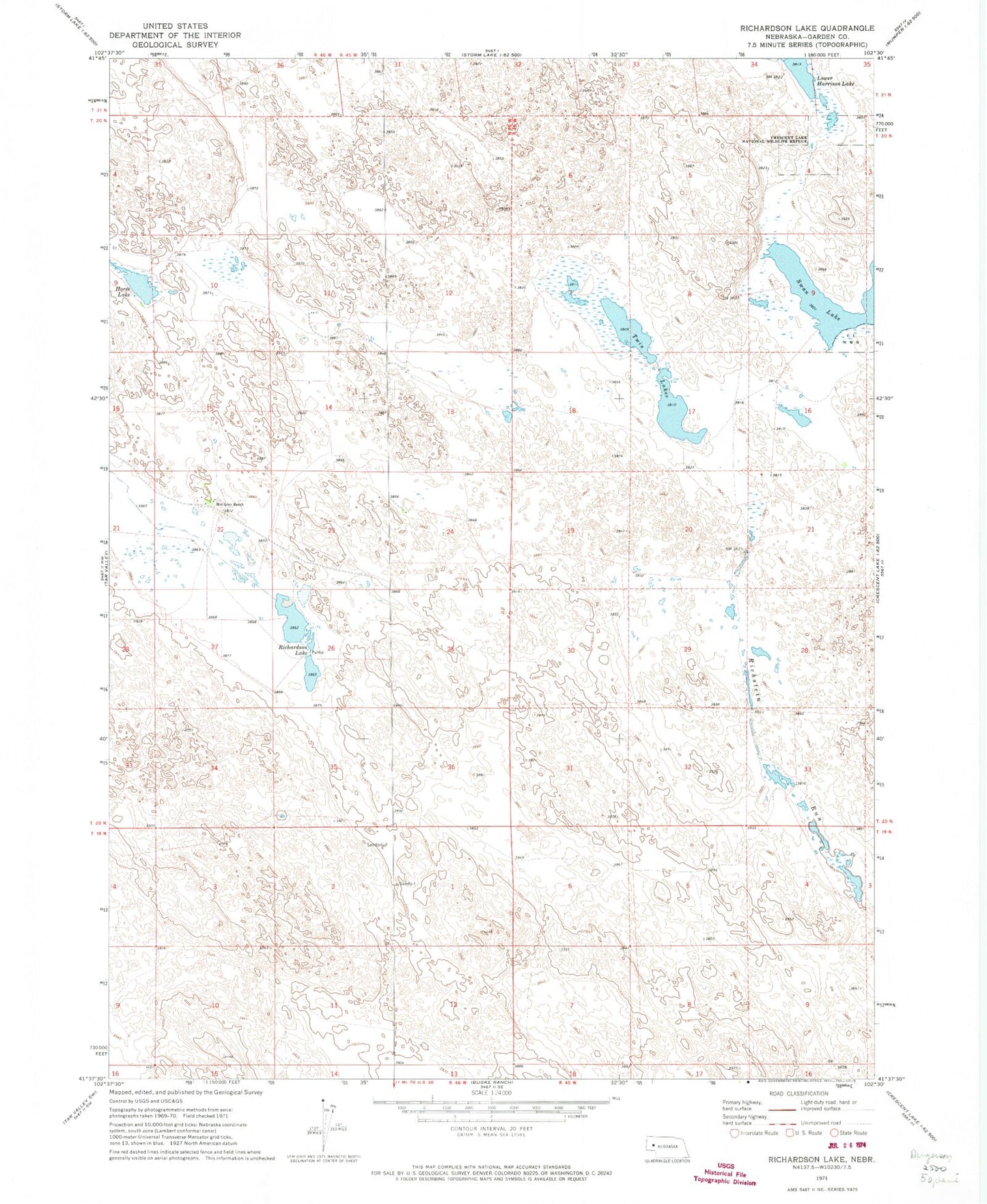 Classic USGS Richardson Lake Nebraska 7.5'x7.5' Topo Map Image