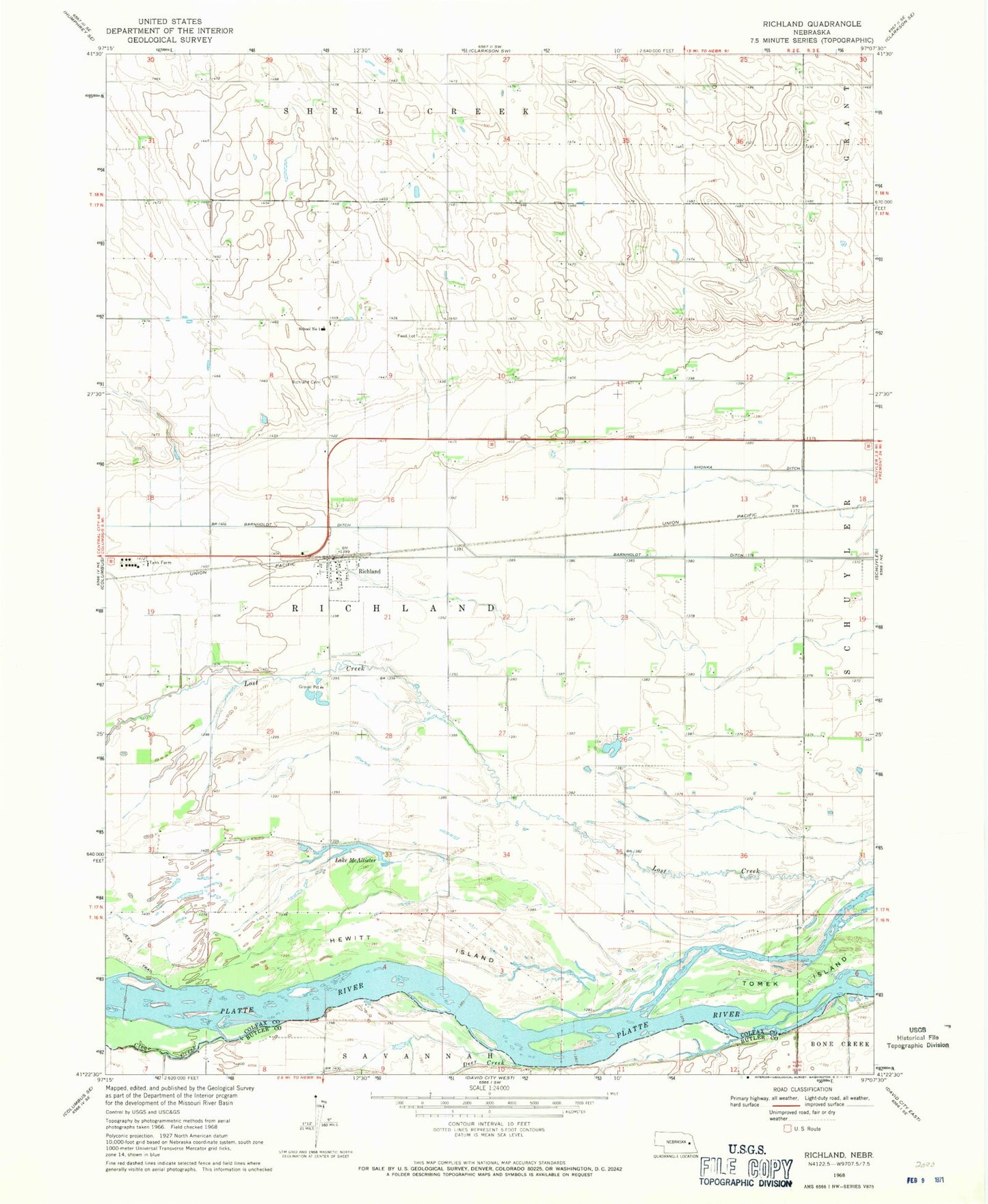 Classic USGS Richland Nebraska 7.5'x7.5' Topo Map Image