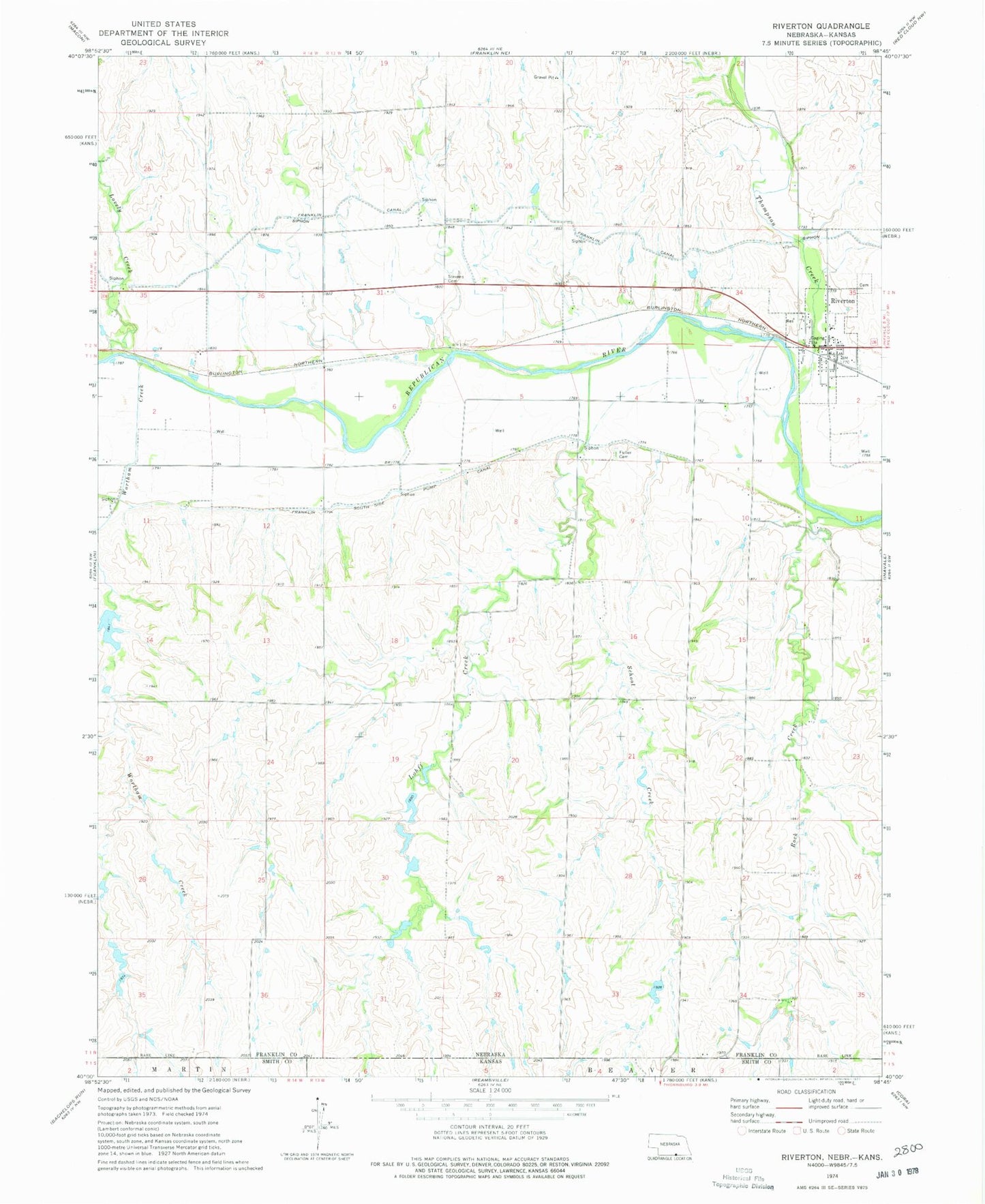 Classic USGS Riverton Nebraska 7.5'x7.5' Topo Map Image