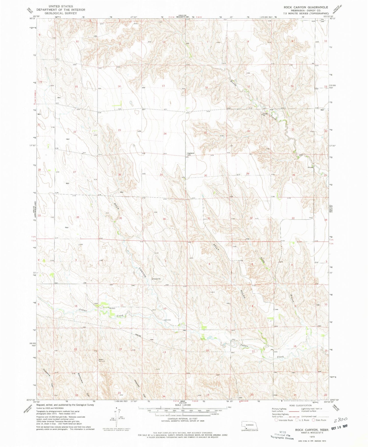 Classic USGS Rock Canyon Nebraska 7.5'x7.5' Topo Map Image