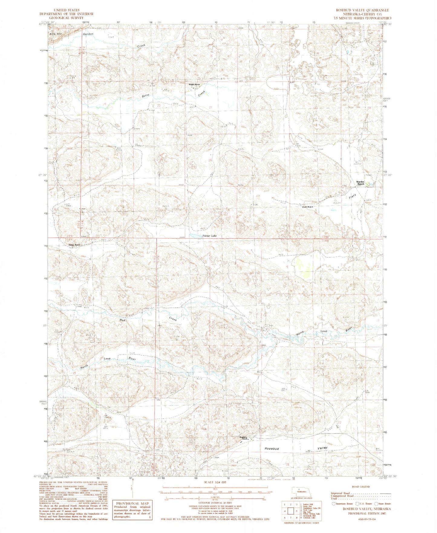 Classic USGS Rosebud Valley Nebraska 7.5'x7.5' Topo Map Image