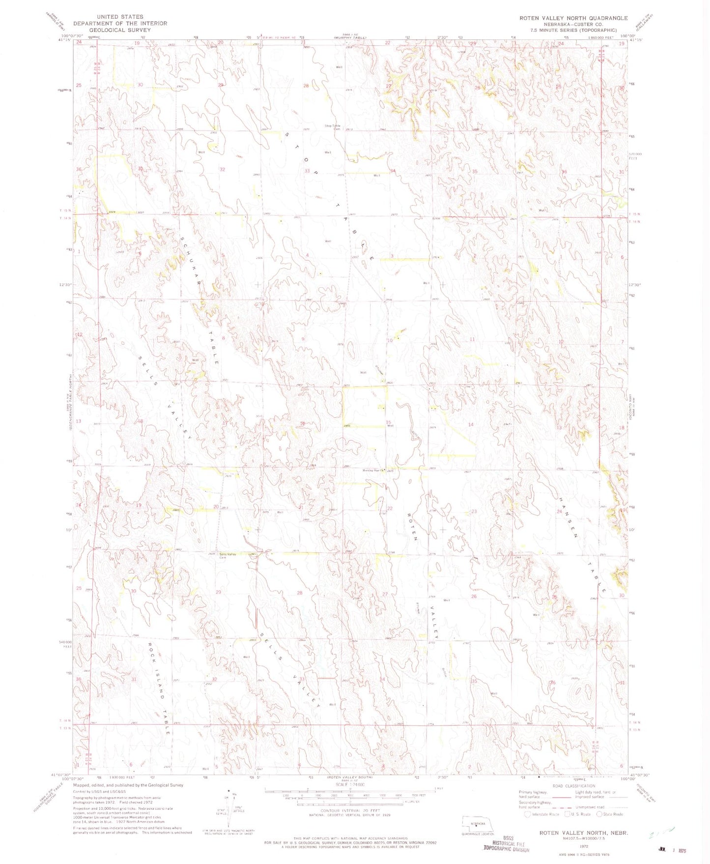 Classic USGS Roten Valley North Nebraska 7.5'x7.5' Topo Map Image
