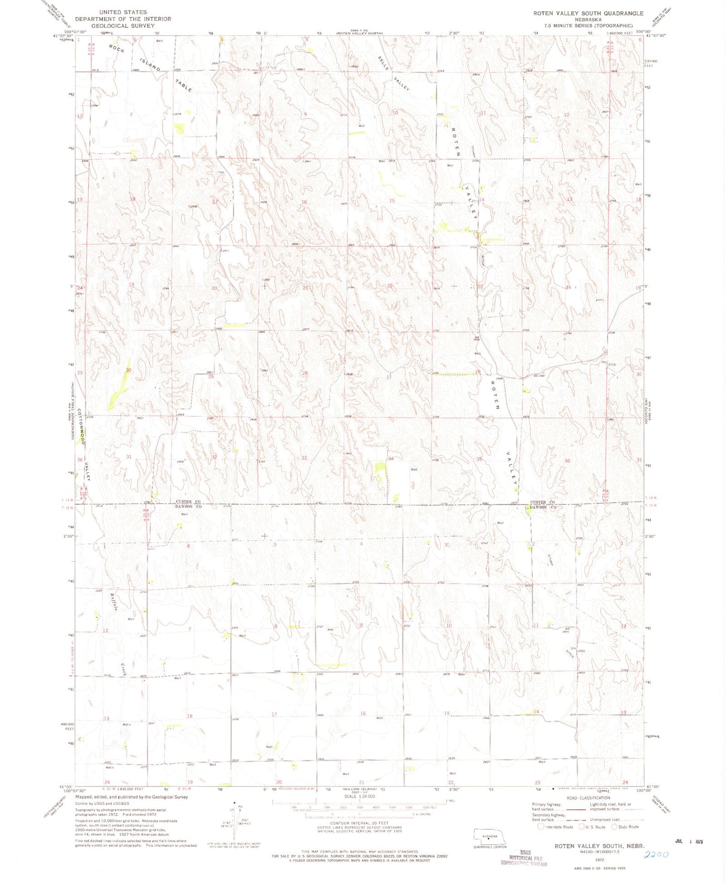 Classic USGS Roten Valley South Nebraska 7.5'x7.5' Topo Map Image
