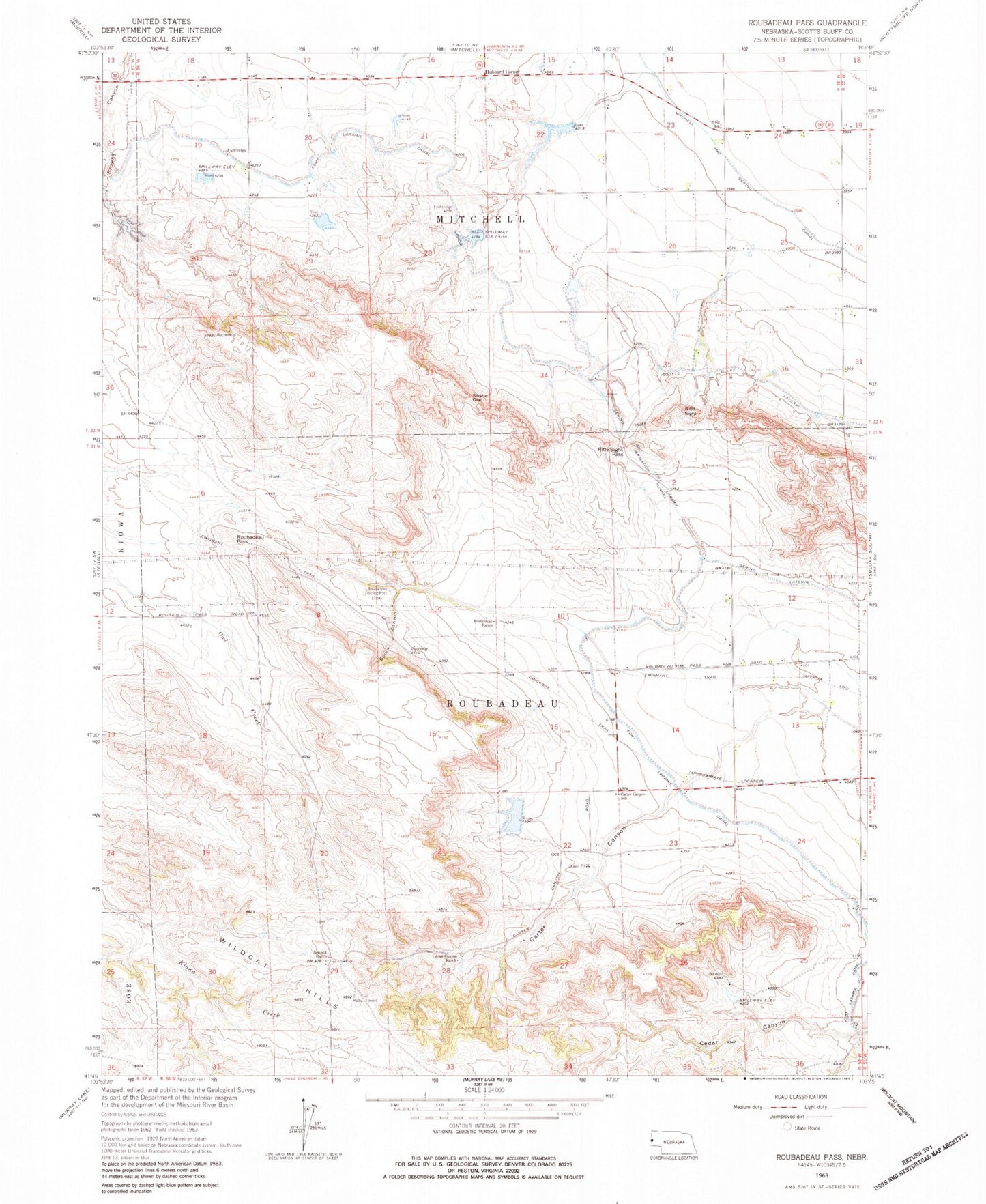 Classic USGS Roubadeau Pass Nebraska 7.5'x7.5' Topo Map Image