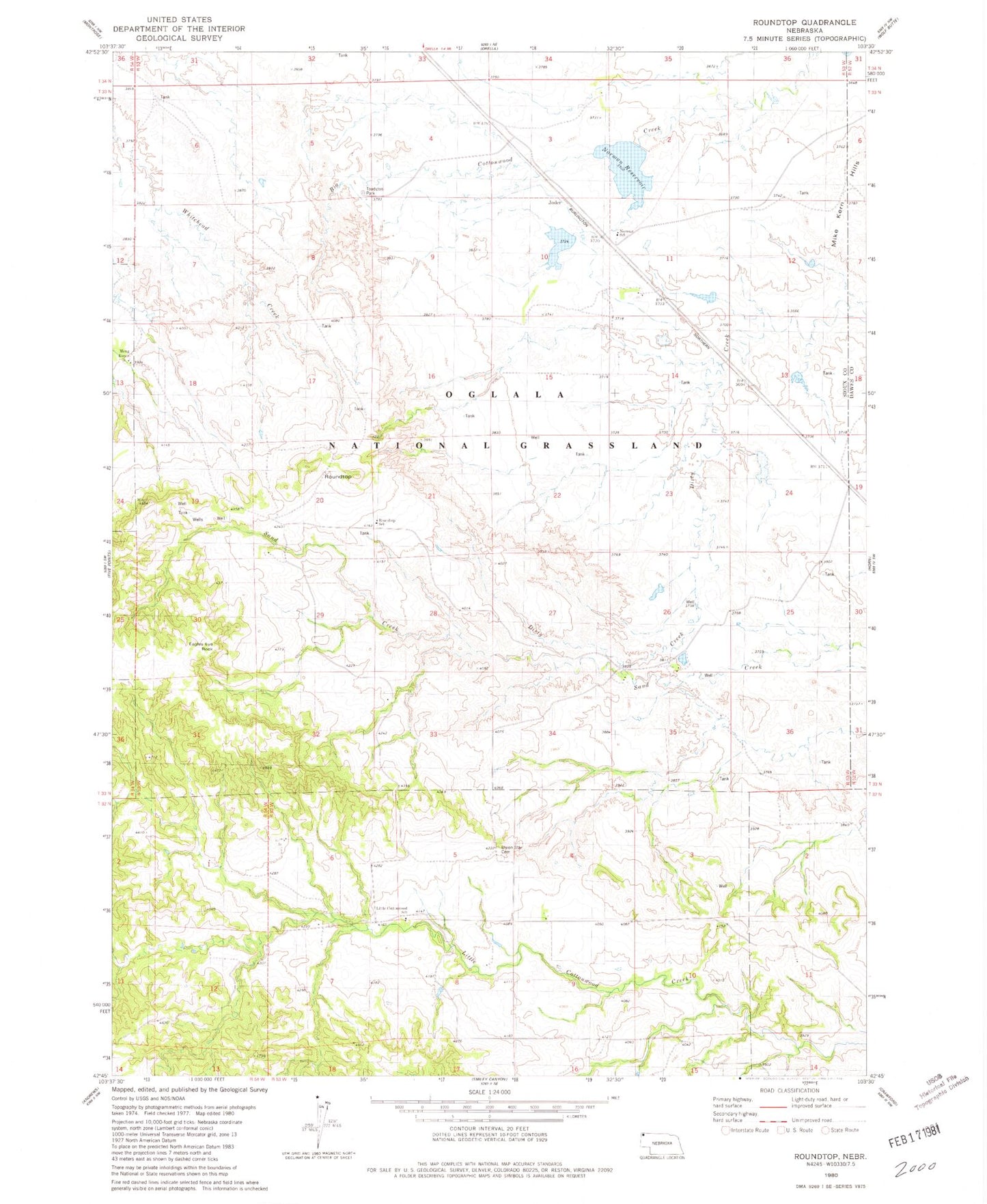 Classic USGS Roundtop Nebraska 7.5'x7.5' Topo Map Image