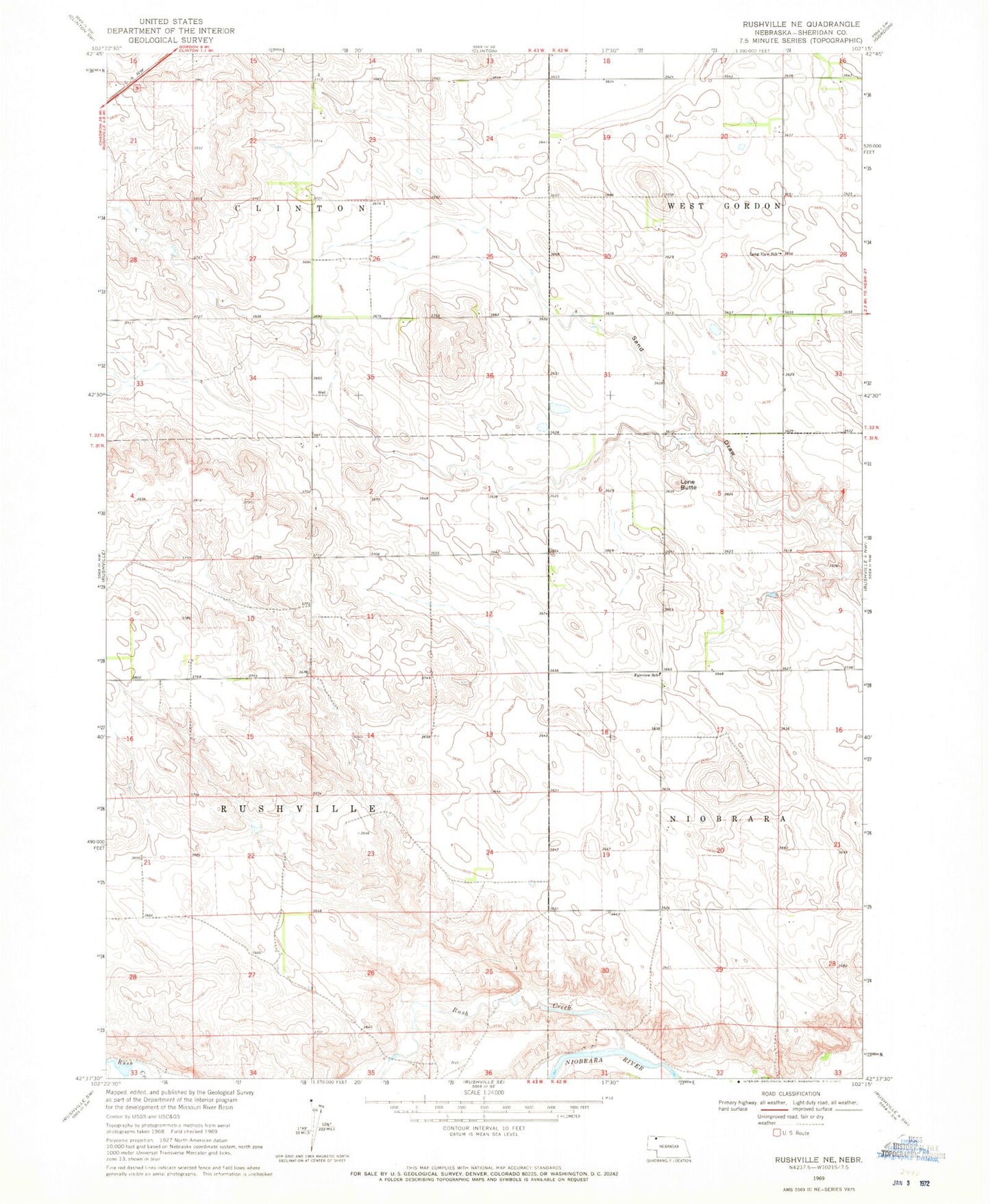 Classic USGS Rushville NE Nebraska 7.5'x7.5' Topo Map Image