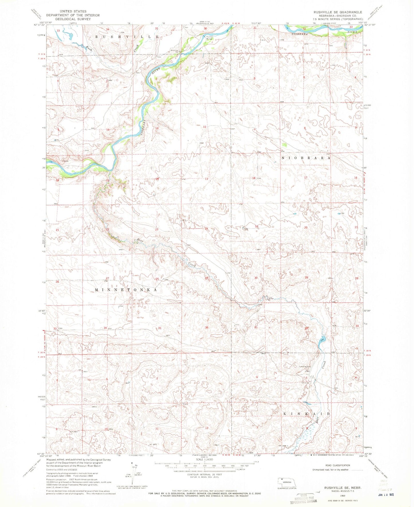 Classic USGS Rushville SE Nebraska 7.5'x7.5' Topo Map Image