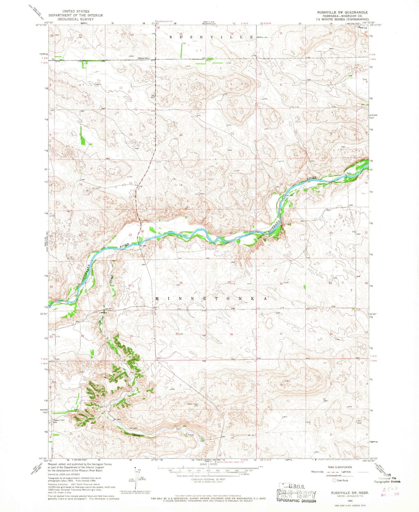 Classic USGS Rushville SW Nebraska 7.5'x7.5' Topo Map Image