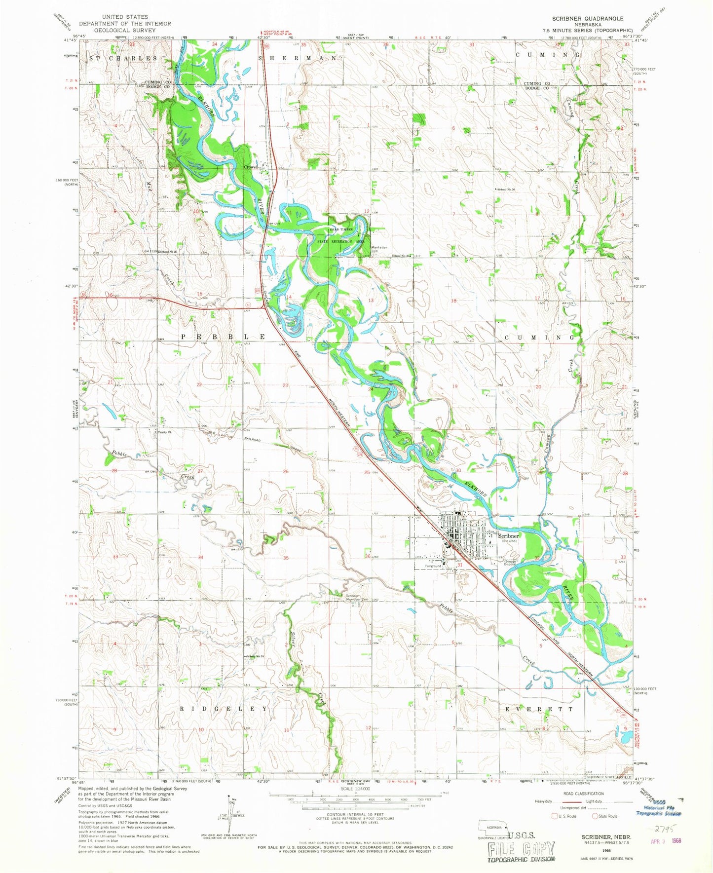 Classic USGS Scribner Nebraska 7.5'x7.5' Topo Map Image