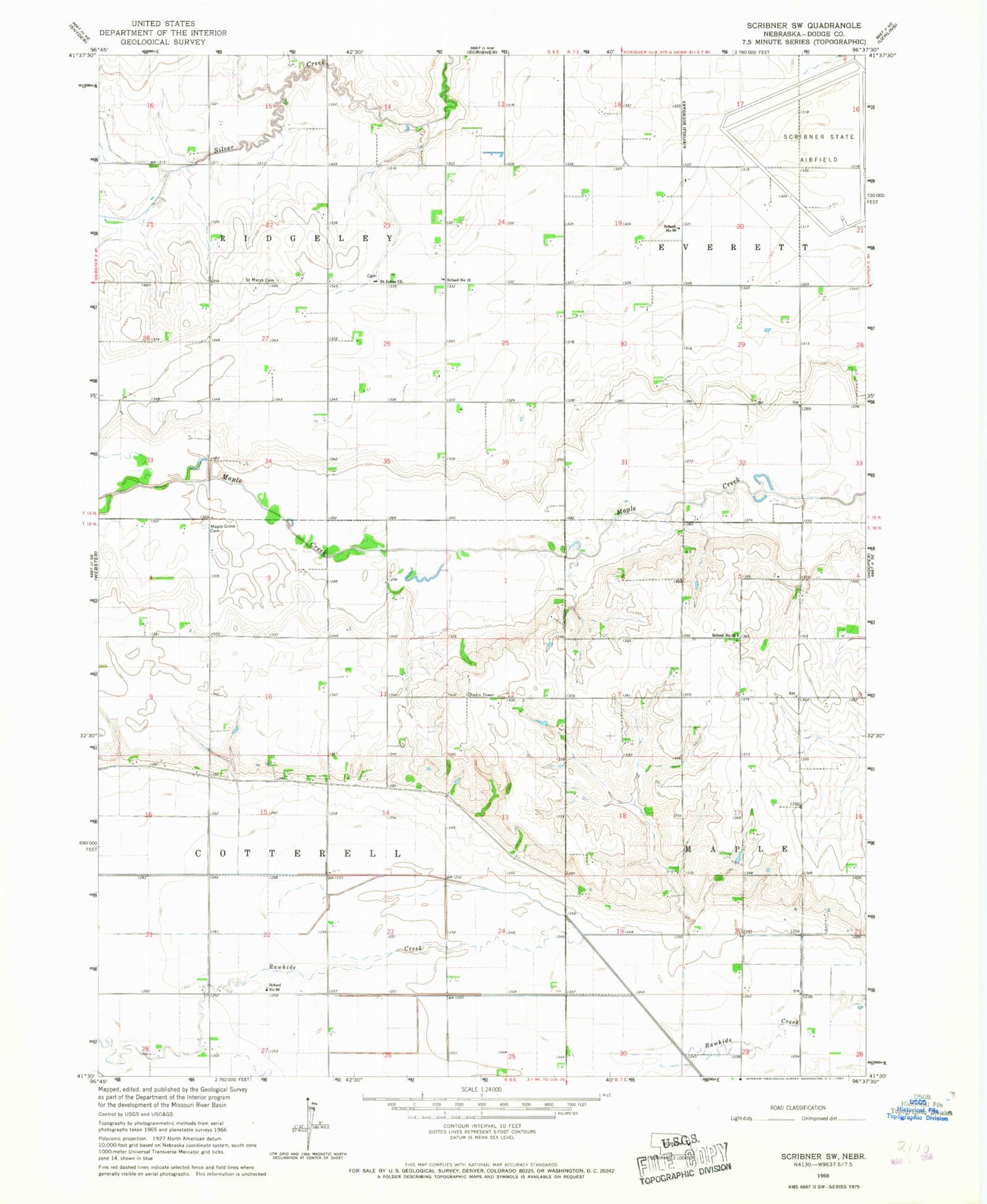 Classic USGS Scribner SW Nebraska 7.5'x7.5' Topo Map Image