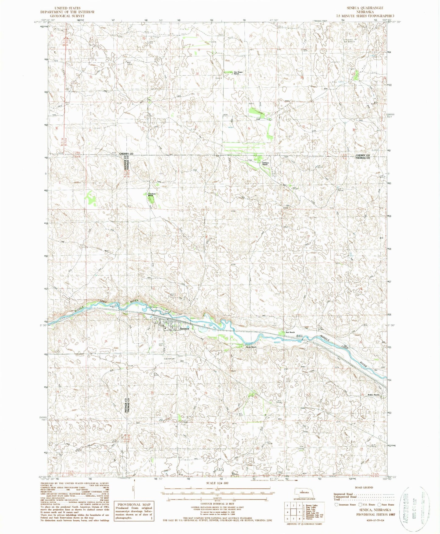 Classic USGS Seneca Nebraska 7.5'x7.5' Topo Map Image