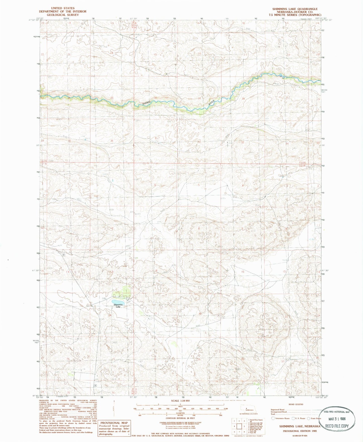 Classic USGS Shimmins Lake Nebraska 7.5'x7.5' Topo Map Image