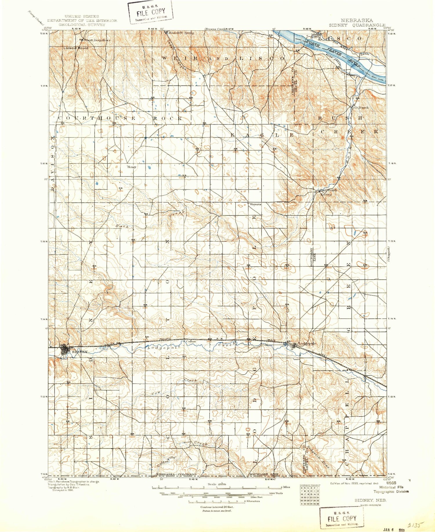 Historic 1899 Sidney Nebraska 30'x30' Topo Map Image