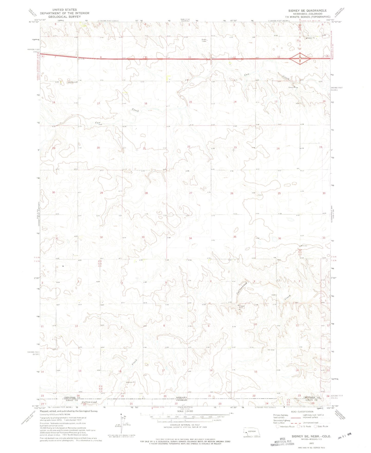Classic USGS Sidney SE Nebraska 7.5'x7.5' Topo Map Image
