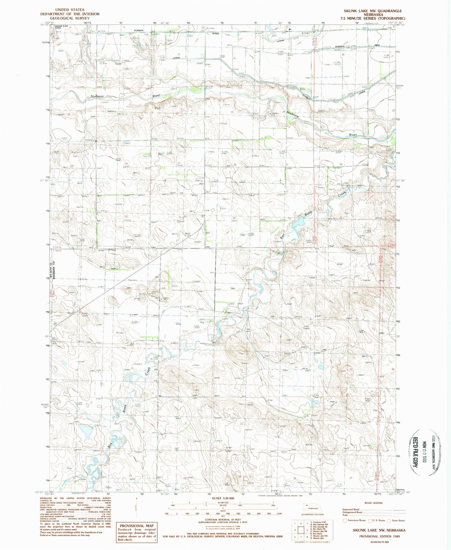 Classic USGS Skunk Lake NW Nebraska 7.5'x7.5' Topo Map Image