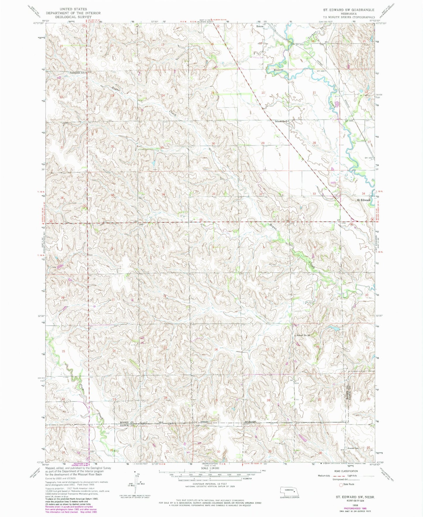Classic USGS Saint Edward SW Nebraska 7.5'x7.5' Topo Map Image