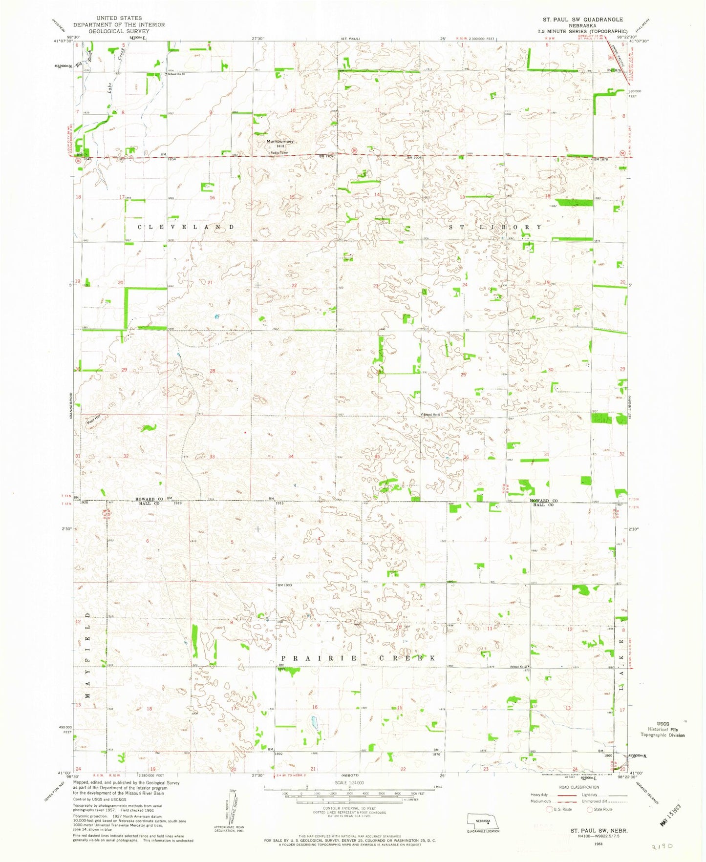Classic USGS Saint Paul SW Nebraska 7.5'x7.5' Topo Map Image
