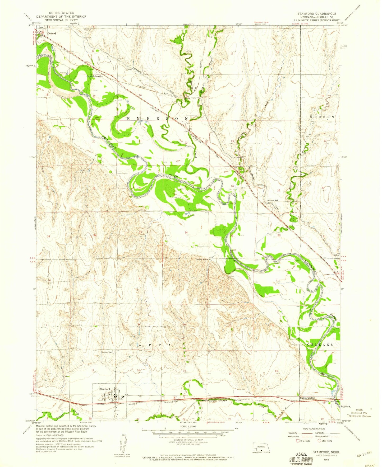 Classic USGS Stamford Nebraska 7.5'x7.5' Topo Map Image