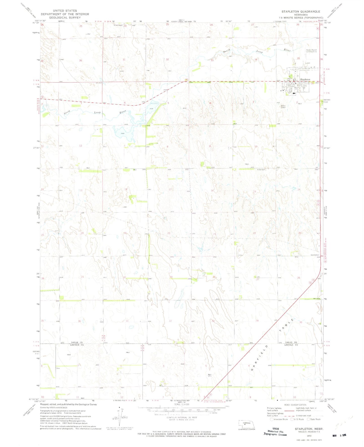 Classic USGS Stapleton Nebraska 7.5'x7.5' Topo Map Image