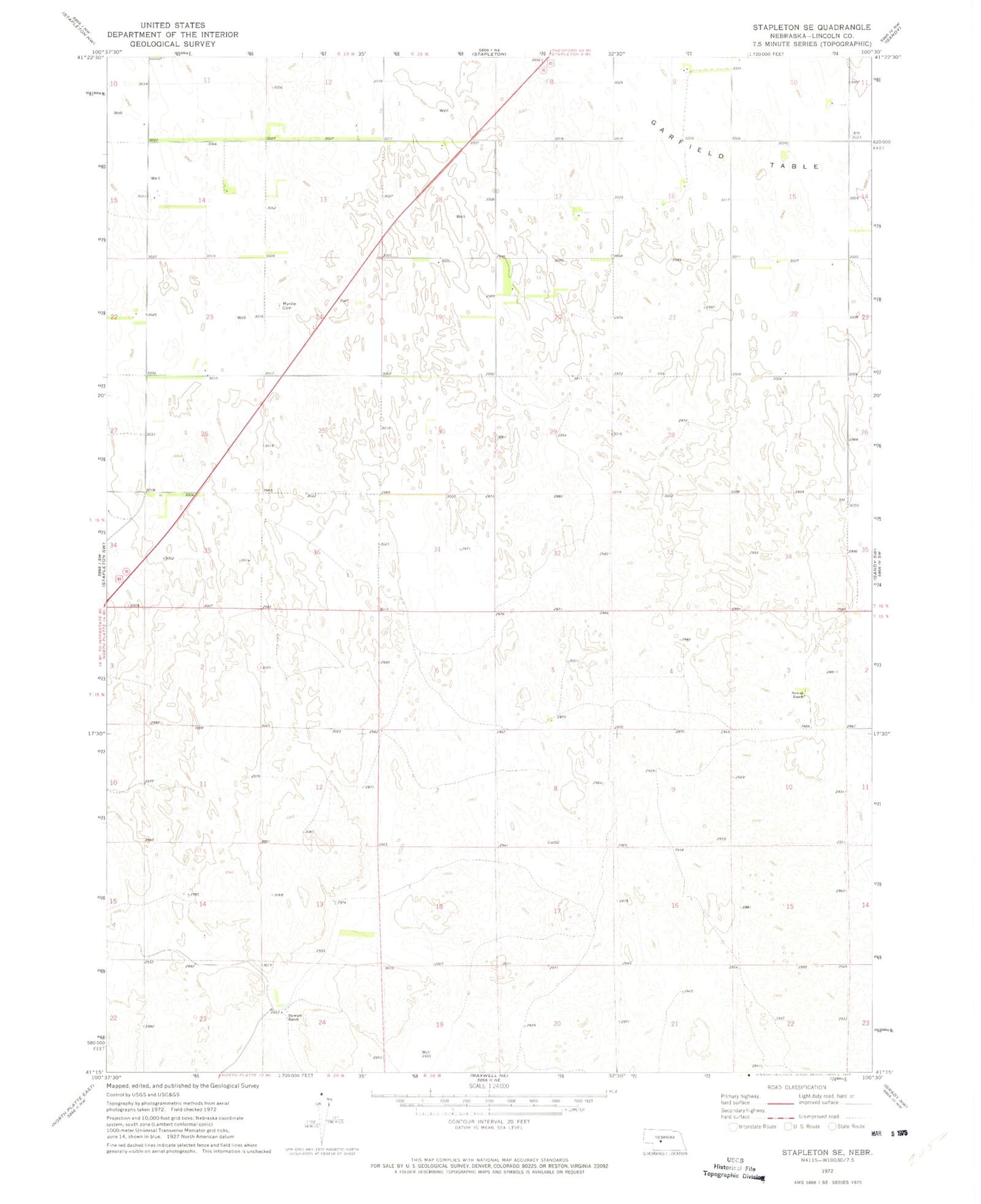 Classic USGS Stapleton SE Nebraska 7.5'x7.5' Topo Map Image