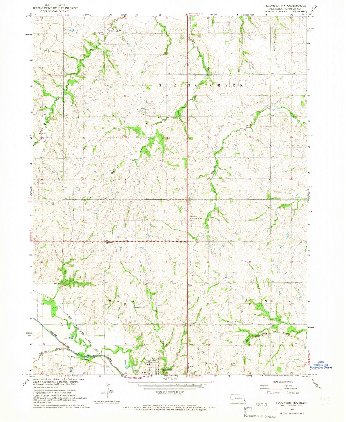 Classic USGS Tecumseh NW Nebraska 7.5'x7.5' Topo Map Image