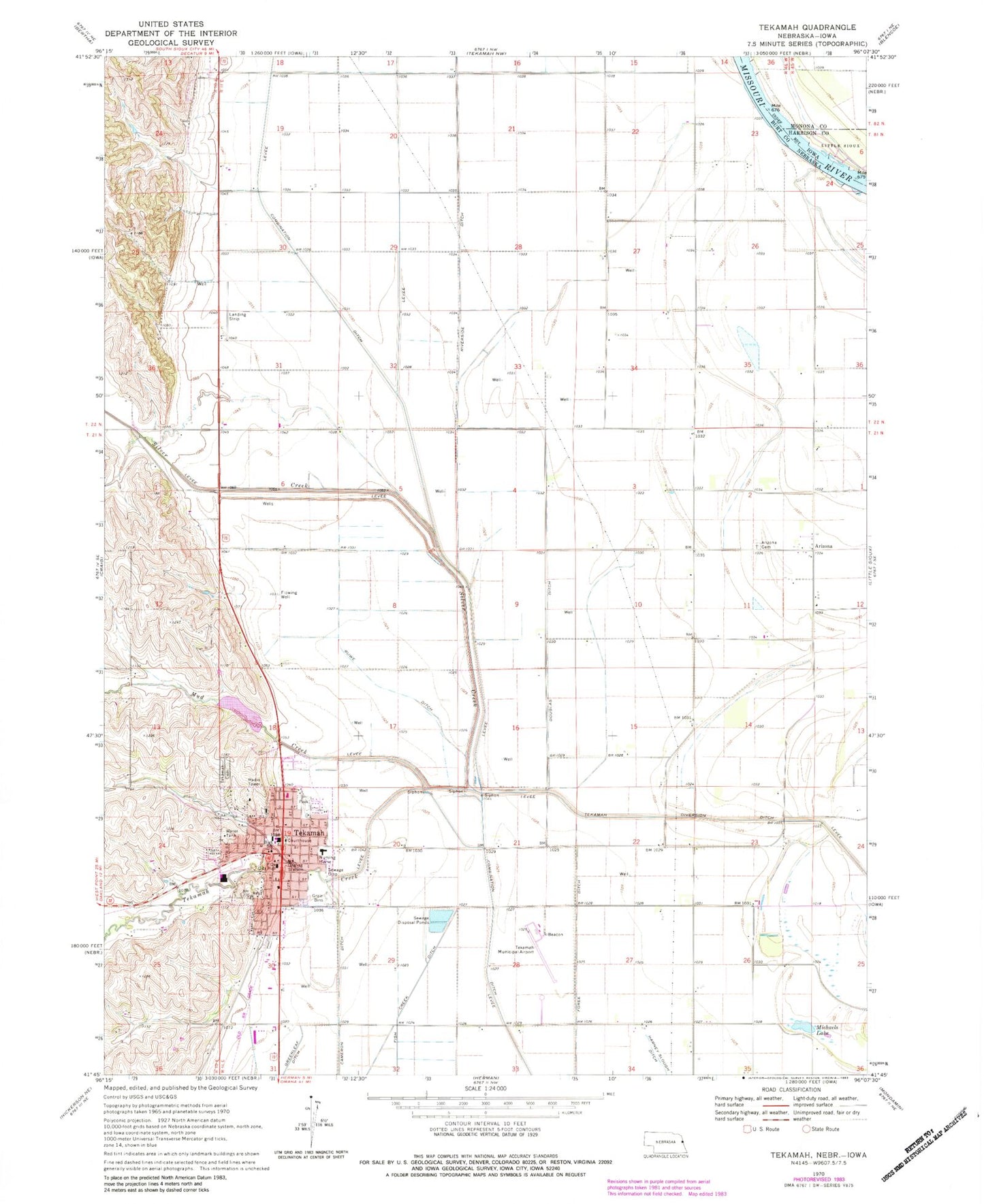 Classic USGS Tekamah Nebraska 7.5'x7.5' Topo Map Image