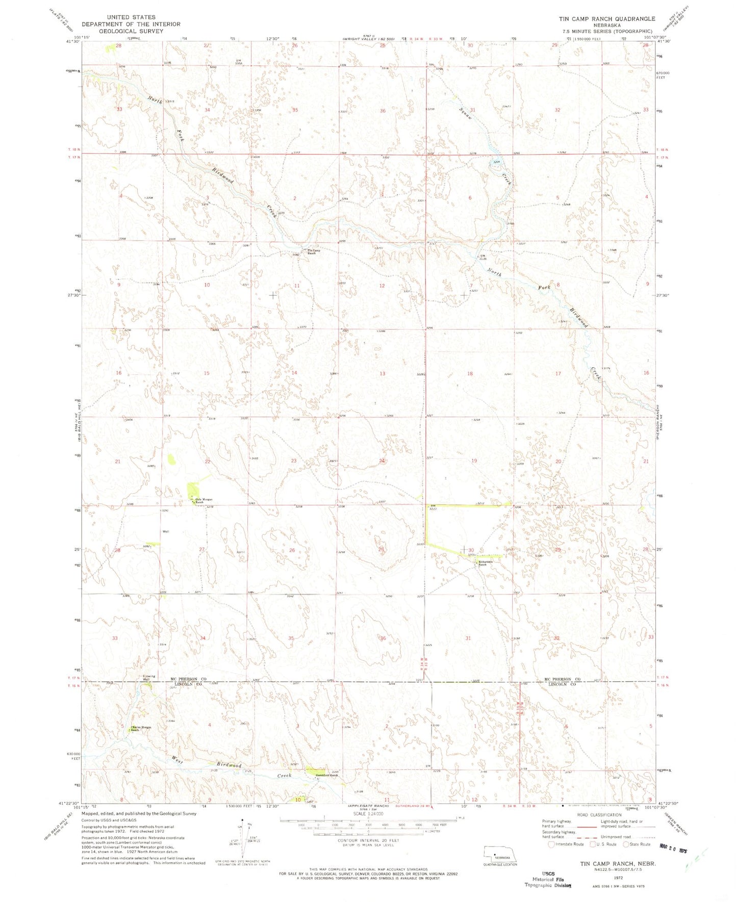 Classic USGS Tin Camp Ranch Nebraska 7.5'x7.5' Topo Map Image