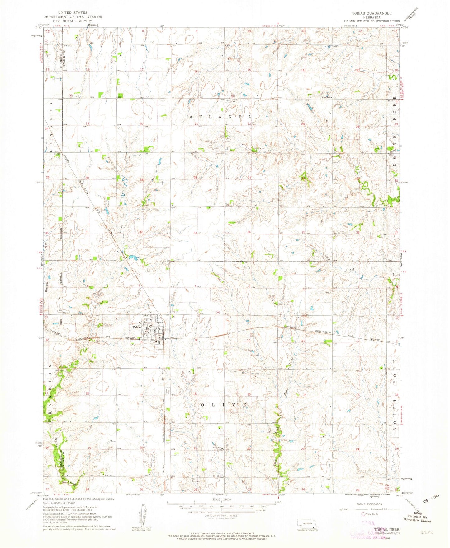Classic USGS Tobias Nebraska 7.5'x7.5' Topo Map Image