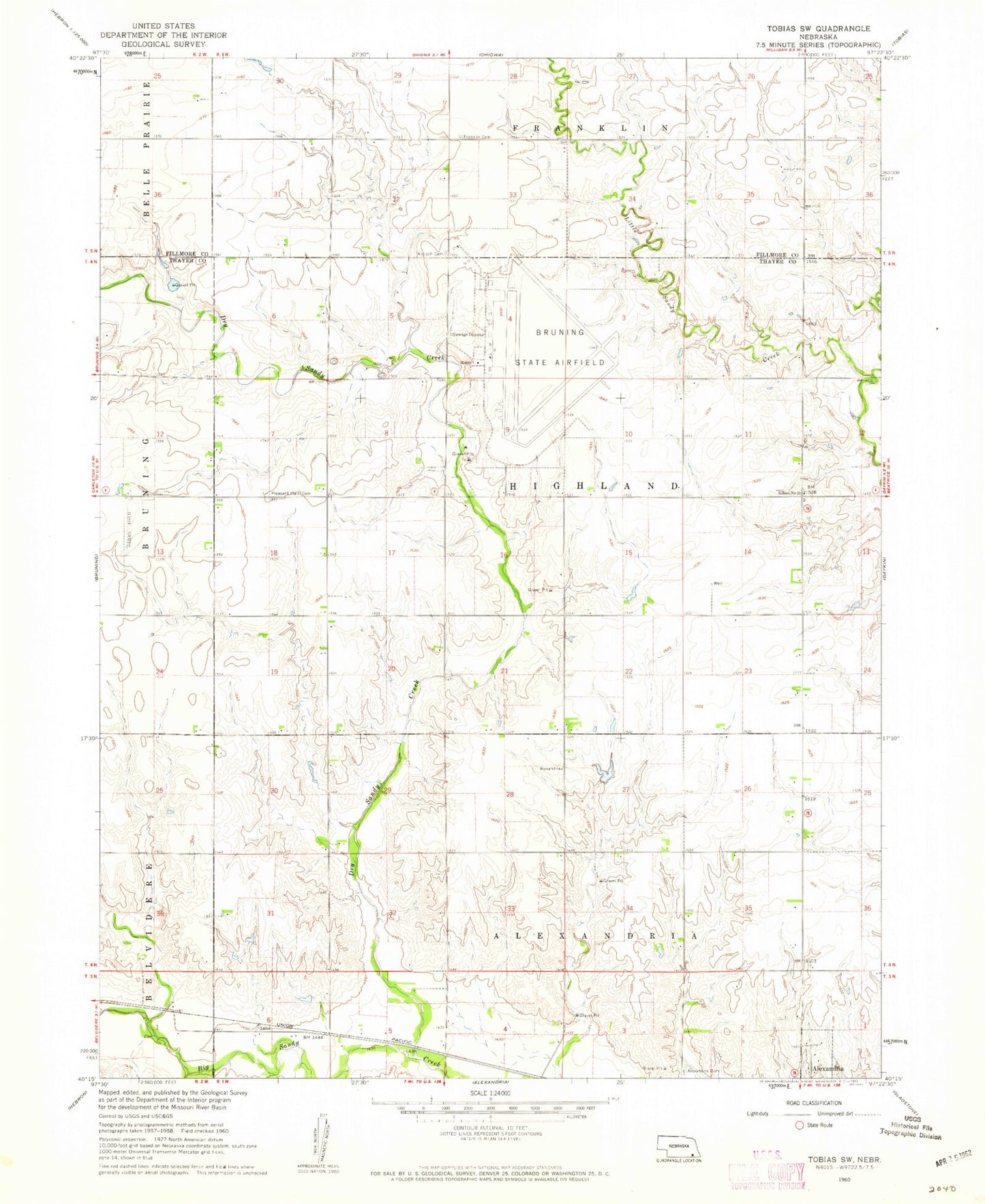 Classic USGS Tobias SW Nebraska 7.5'x7.5' Topo Map Image