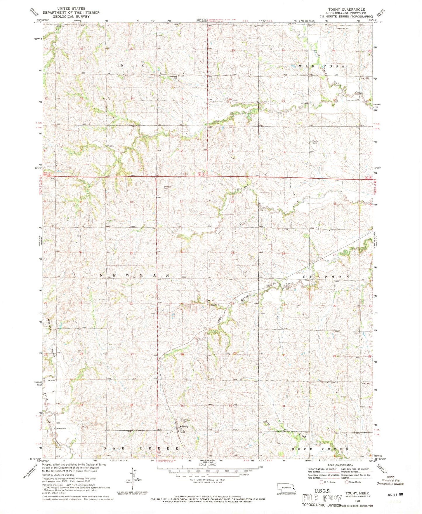 Classic USGS Touhy Nebraska 7.5'x7.5' Topo Map Image