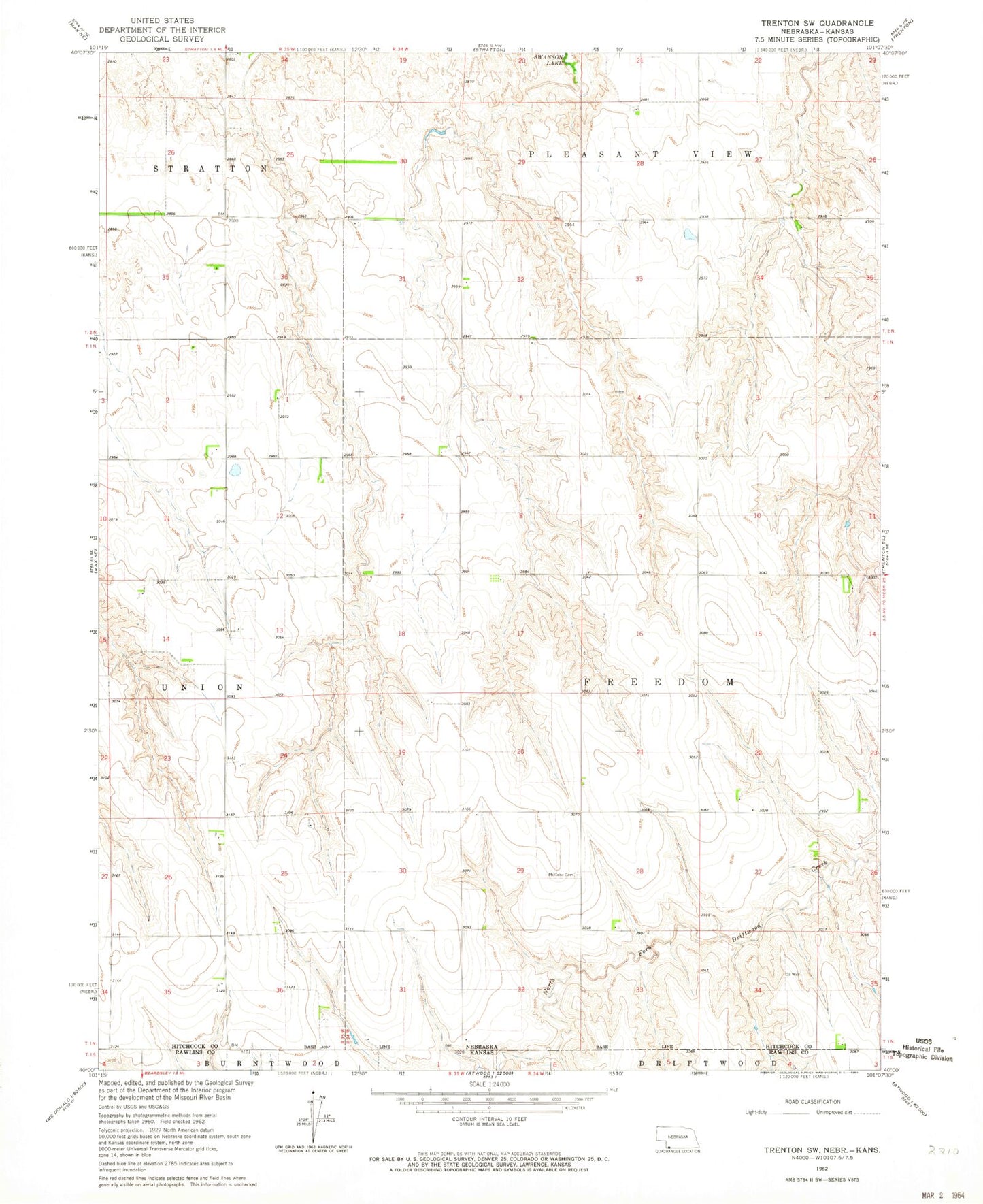 Classic USGS Trenton SW Nebraska 7.5'x7.5' Topo Map Image