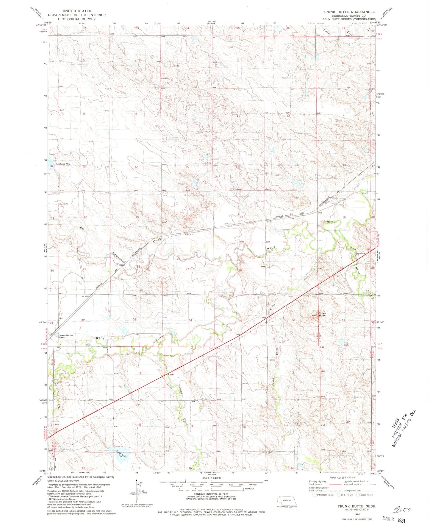 Classic USGS Trunk Butte Nebraska 7.5'x7.5' Topo Map Image