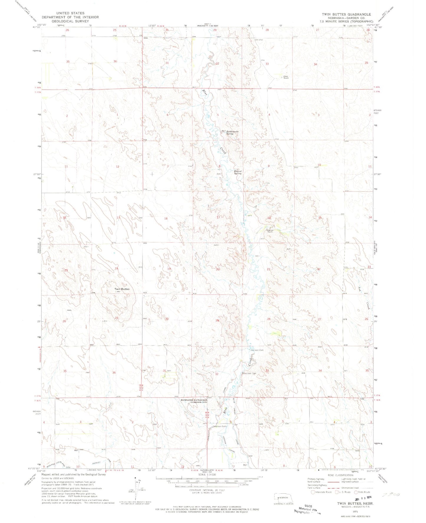 Classic USGS Twin Buttes Nebraska 7.5'x7.5' Topo Map Image
