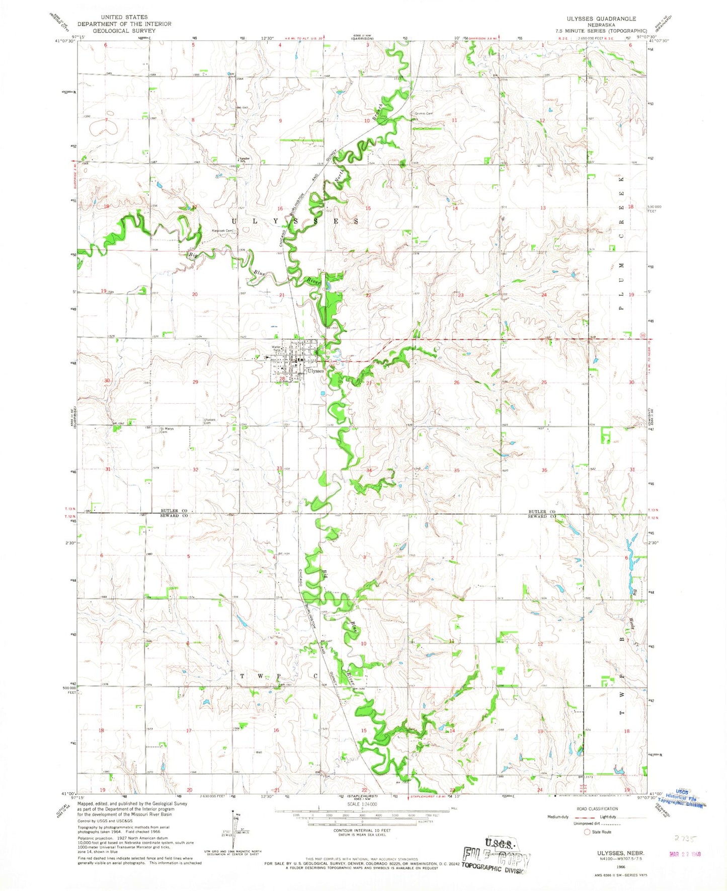 Classic USGS Ulysses Nebraska 7.5'x7.5' Topo Map Image